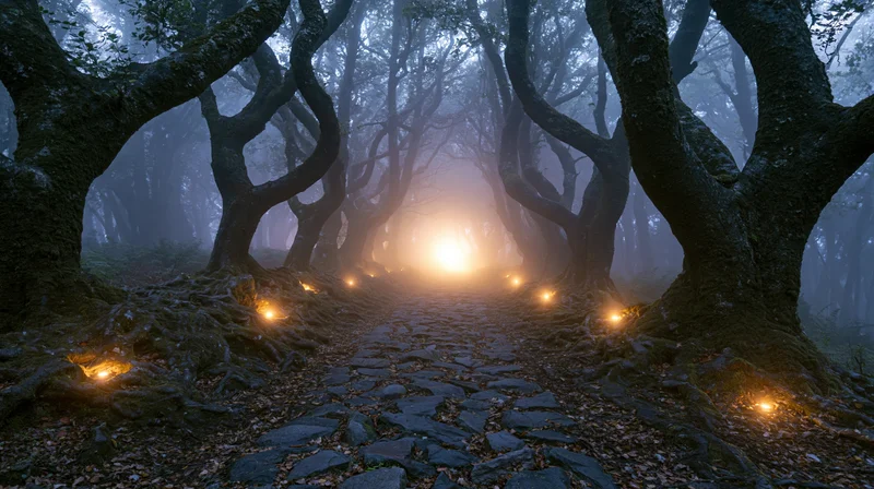 Stone path lined with ancient twisted trees in misty forest at evening, glowing lights along the way