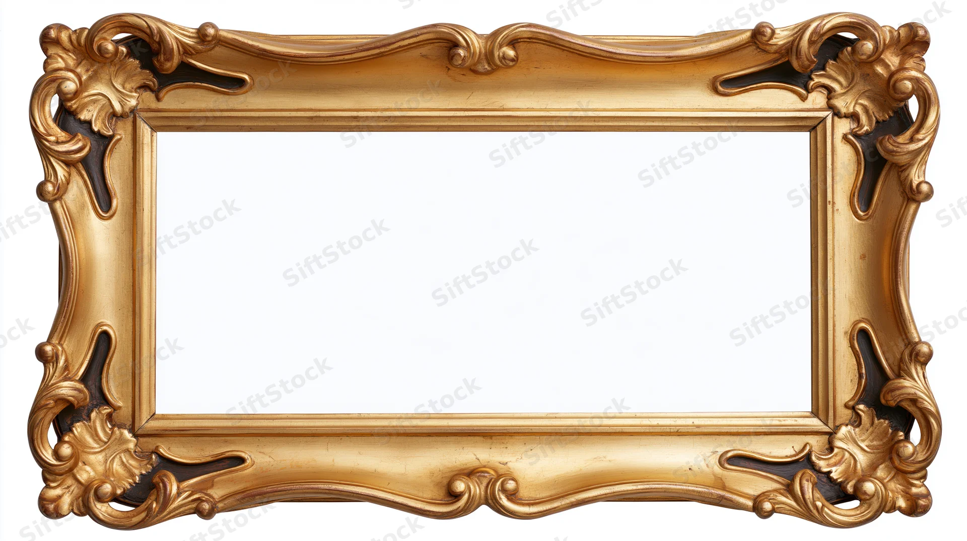 Ornate gilded baroque-style picture frame with carved details isolated on white background