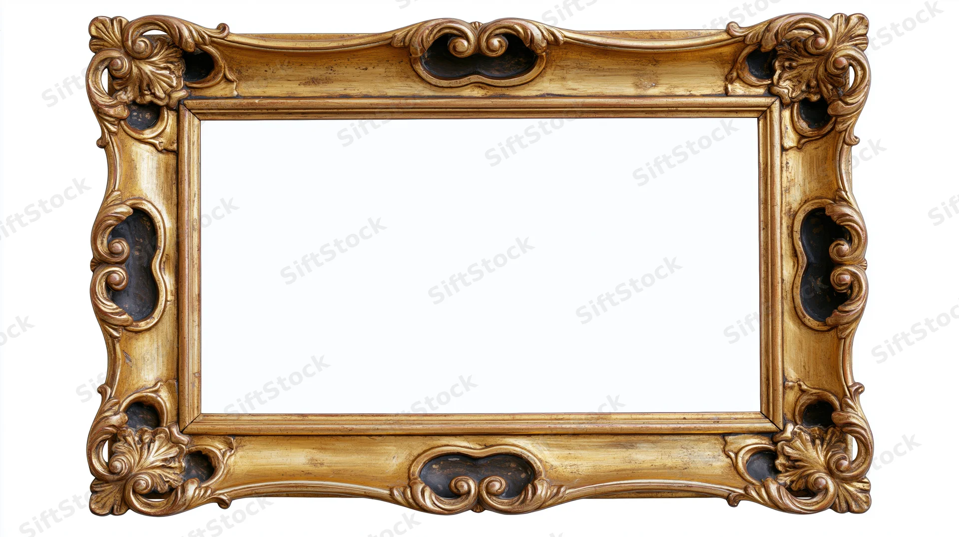 Ornate gilded antique baroque frame with carved details isolated on white