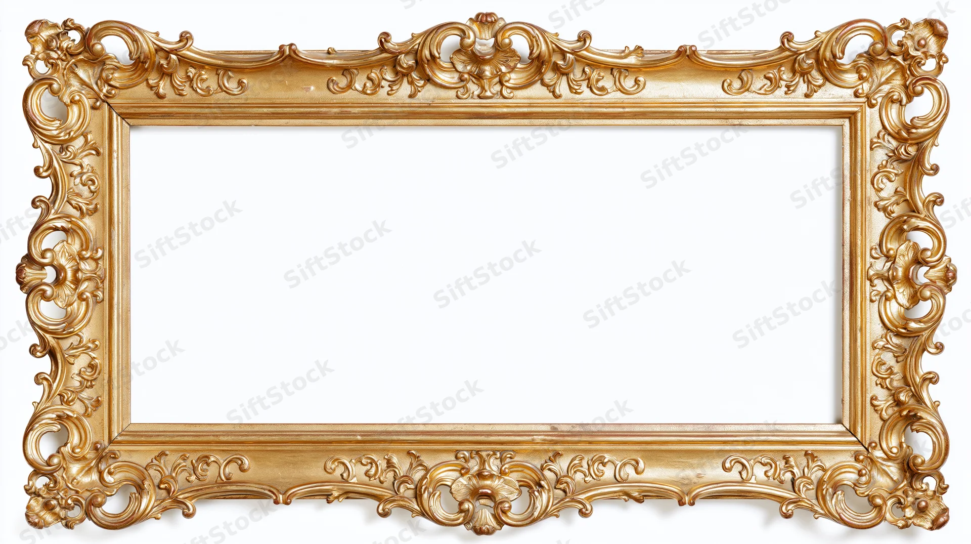 Ornate gold baroque frame with rococo scrollwork isolated on white background