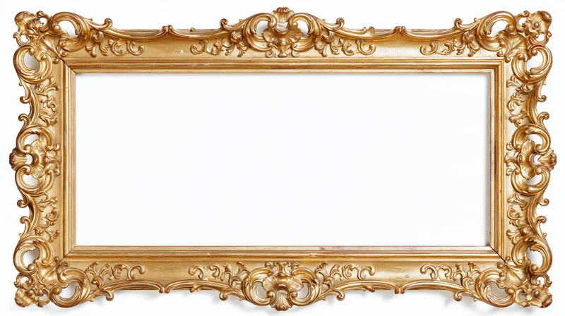 Ornate gold baroque frame with rococo scrollwork isolated on white background