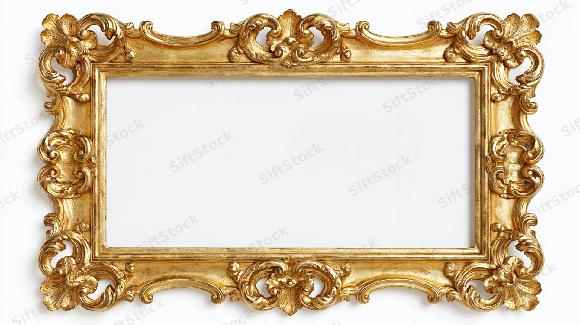 Ornate gold baroque frame with rococo scrollwork isolated on white background