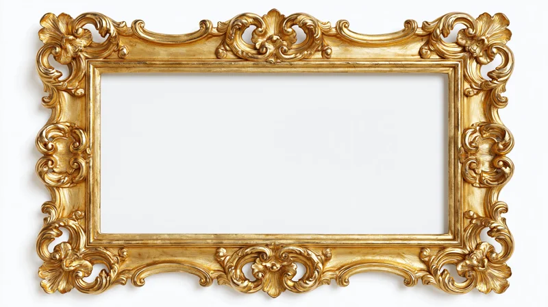 Ornate gold baroque frame with rococo scrollwork isolated on white background