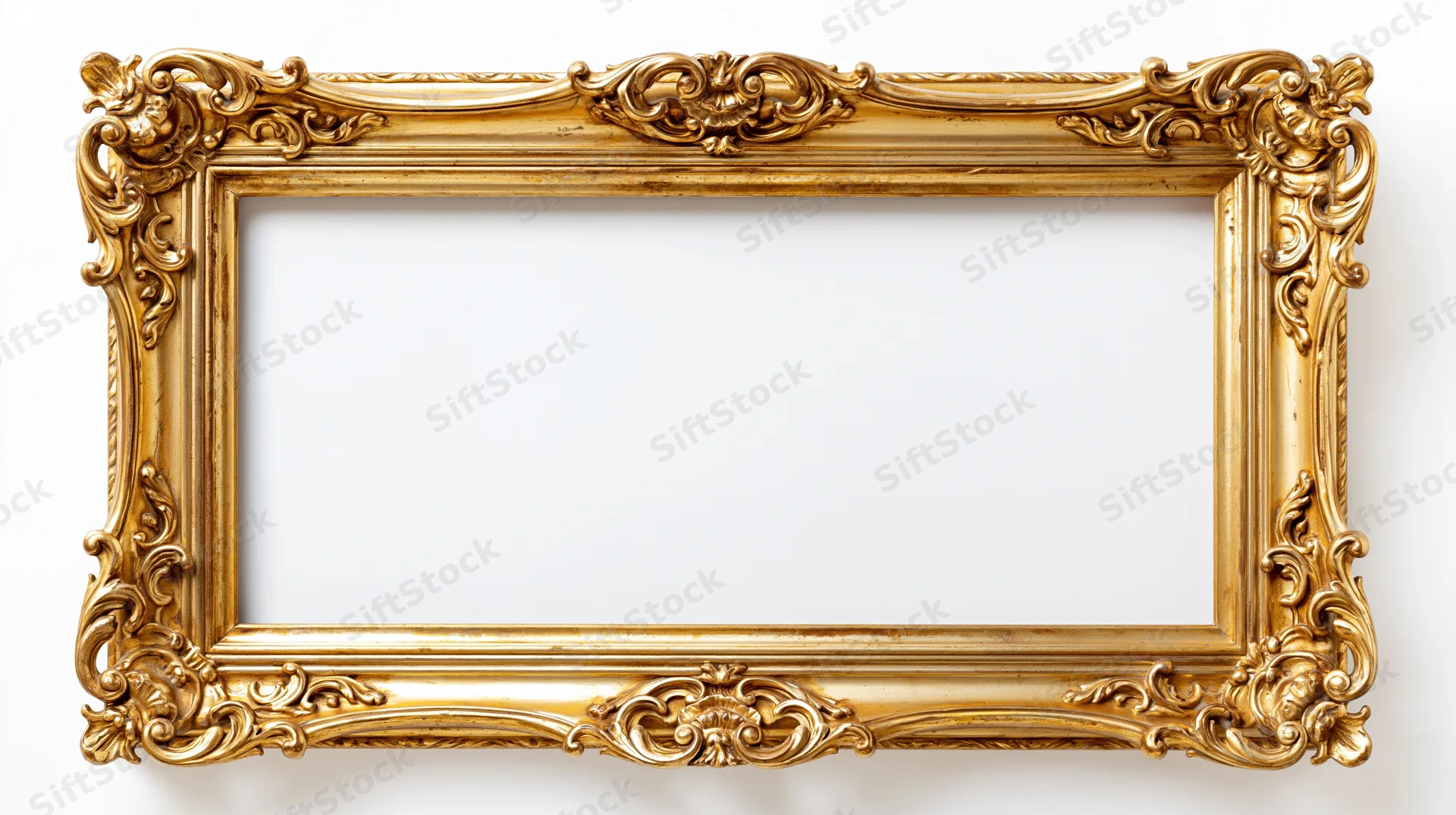 Ornate gold baroque frame with rococo scrollwork hanging on white wall