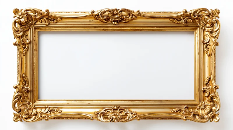 Ornate gold baroque frame with rococo scrollwork hanging on white wall