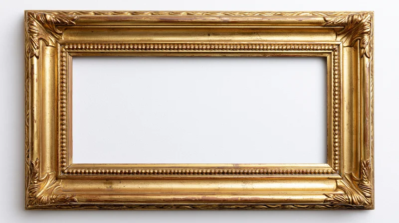Ornate antique gold picture frame lying flat on white surface