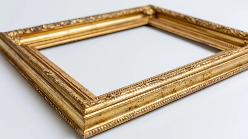 Ornate antique gold picture frame lying flat on white background