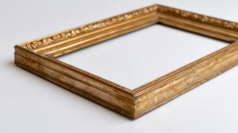 Antique gold ornate picture frame lying flat on white background