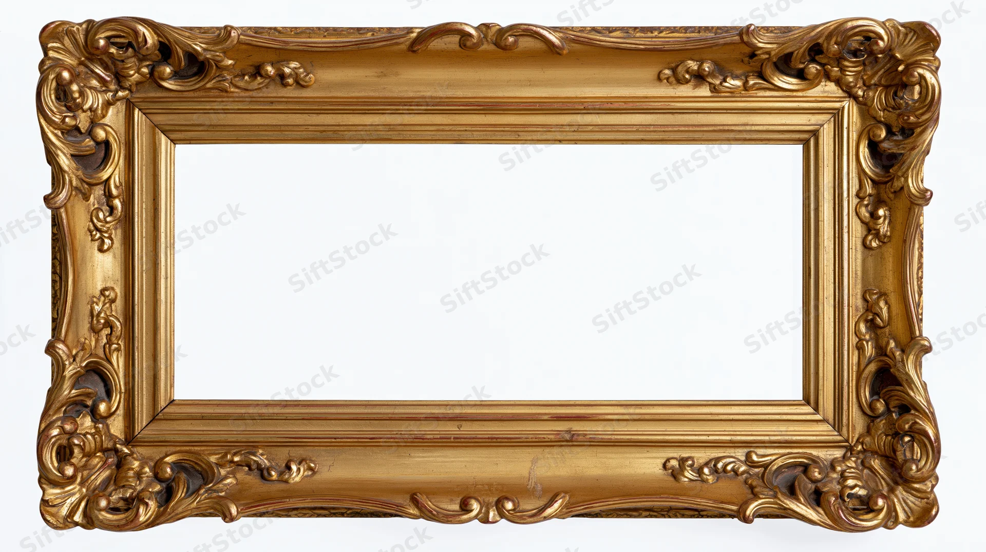 Ornate gold baroque frame with carved scrollwork on white background