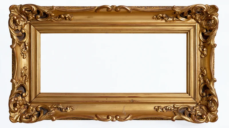 Ornate gold baroque frame with carved scrollwork on white background