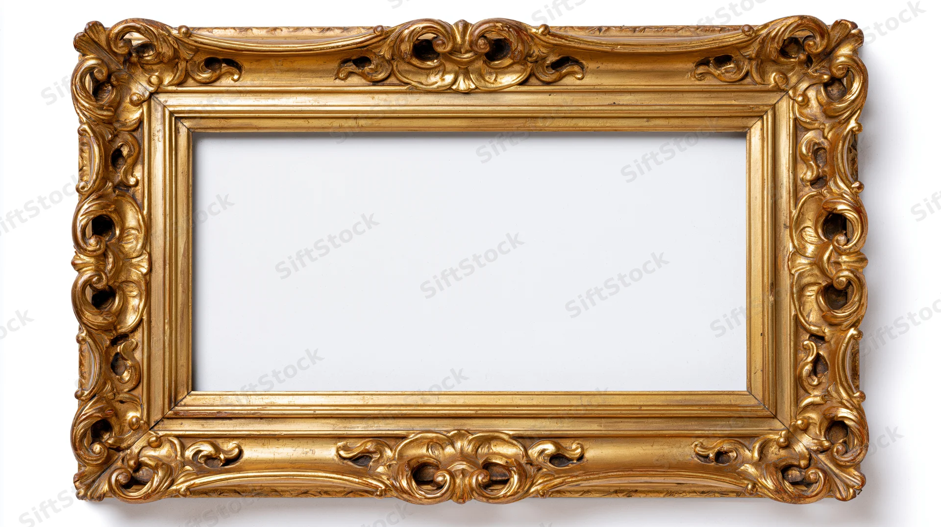 Ornate gold antique frame with baroque scrollwork on white background