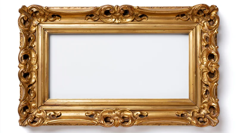 Ornate gold antique frame with baroque scrollwork on white background