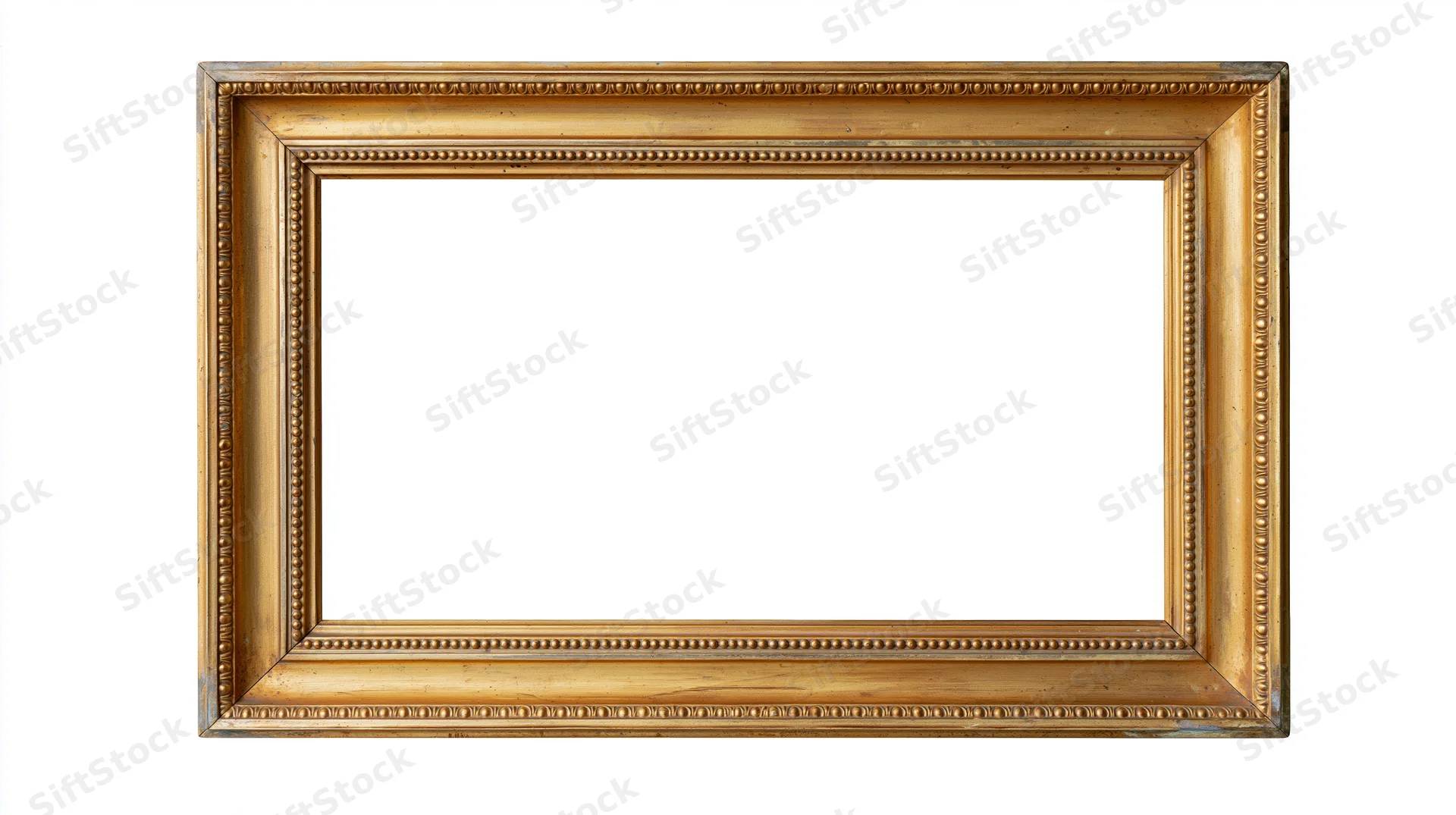 Antique rectangular picture frame with ornate beaded molding on white background