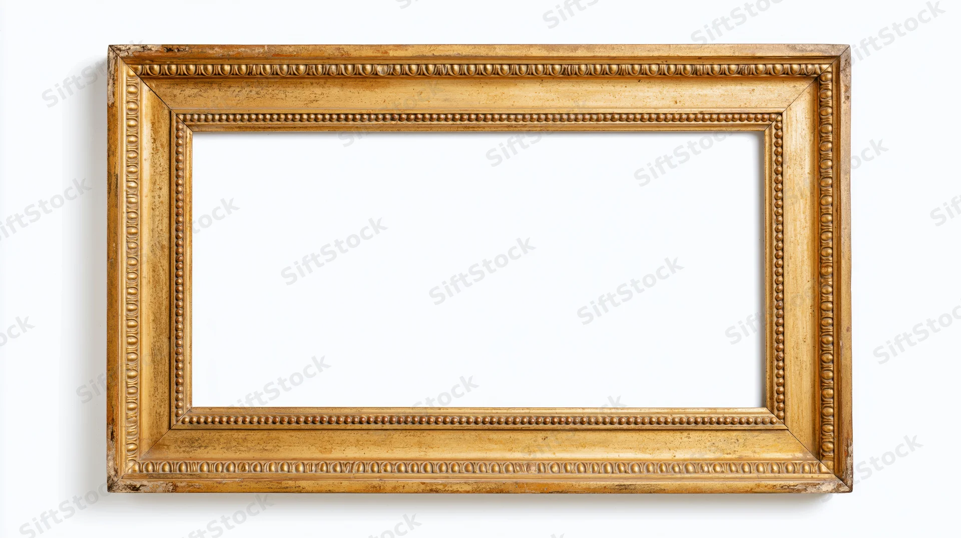 Antique rectangular picture frame with ornate beaded molding isolated on white background