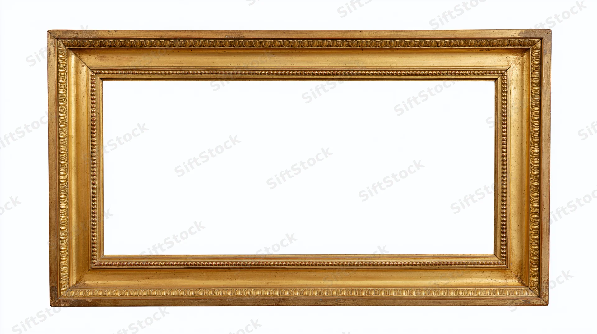 Antique rectangular picture frame with ornate beaded molding isolated on white background