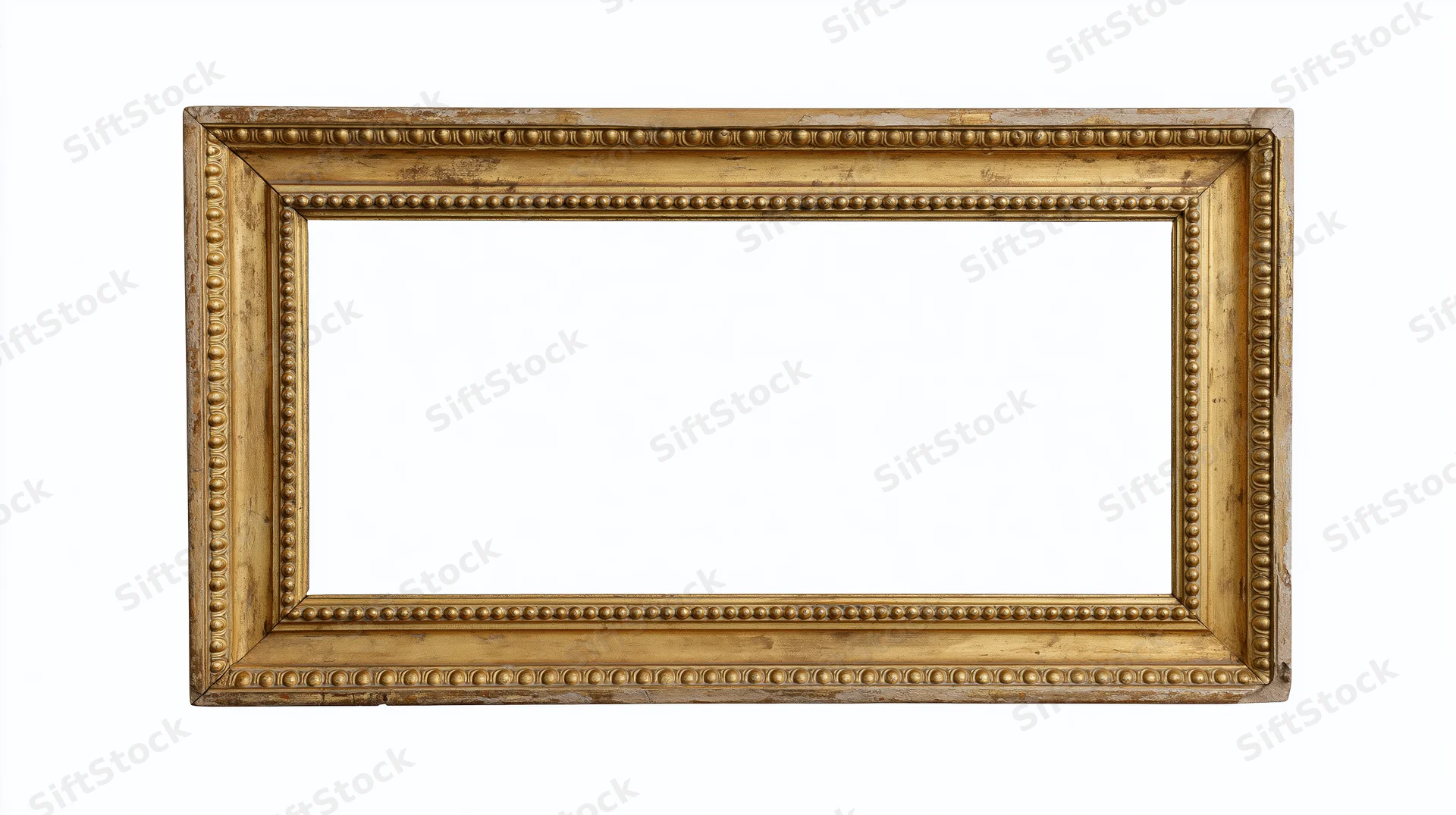 Antique rectangular picture frame with ornate beaded molding isolated on white background
