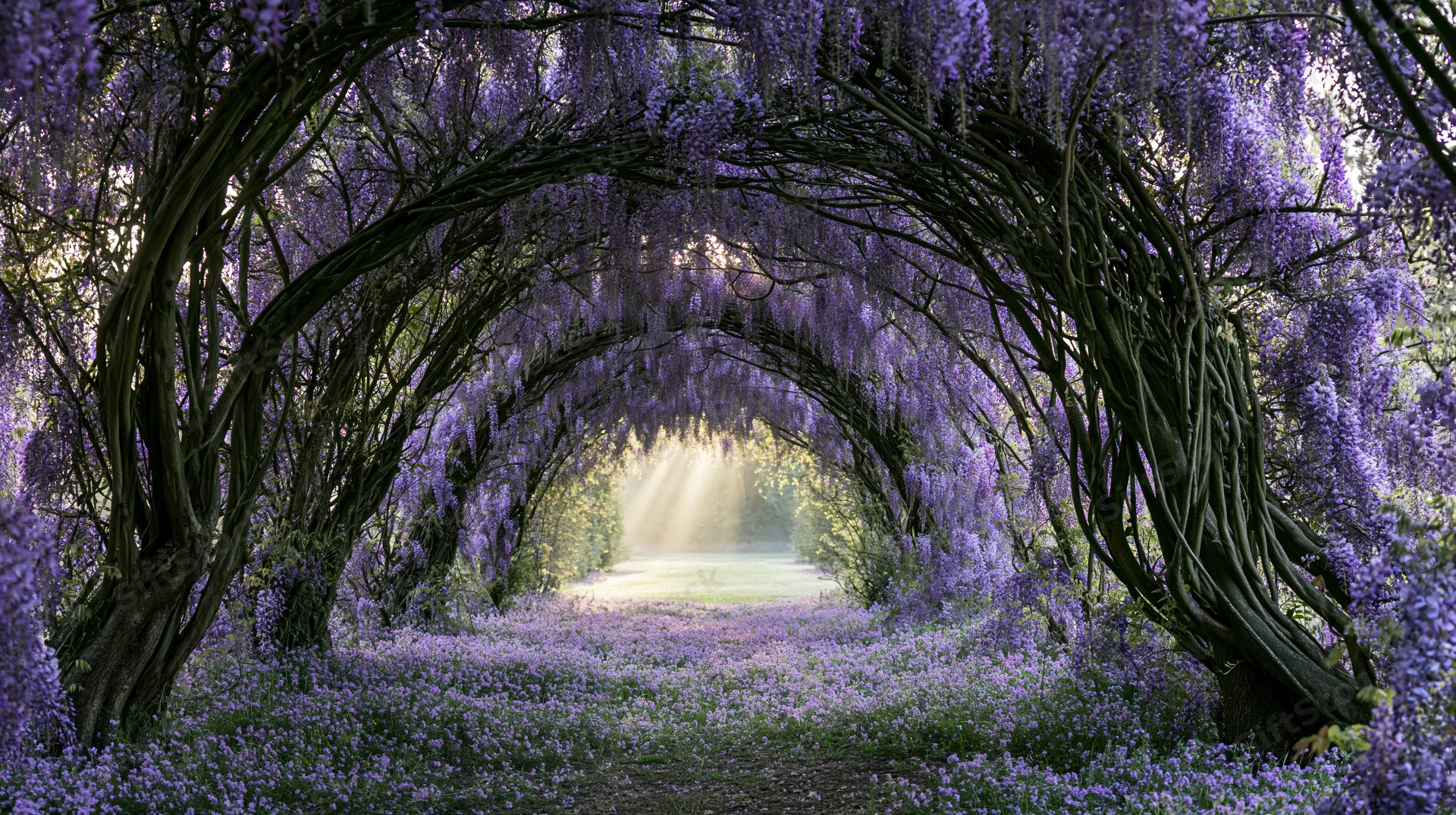 Arched tunnel of wisteria blossoms framing a sunlit garden path