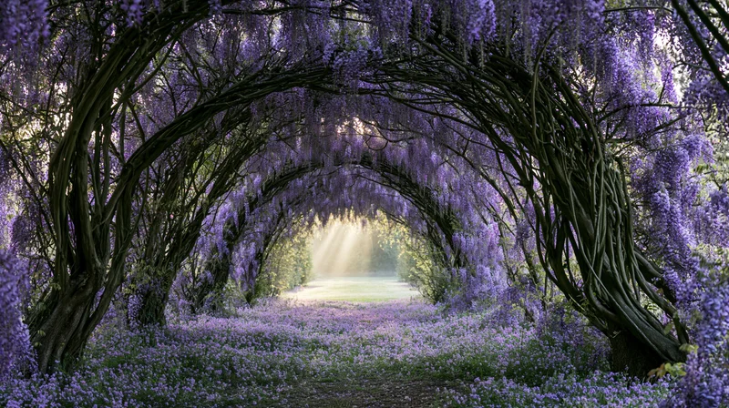 Arched tunnel of wisteria blossoms framing a sunlit garden path