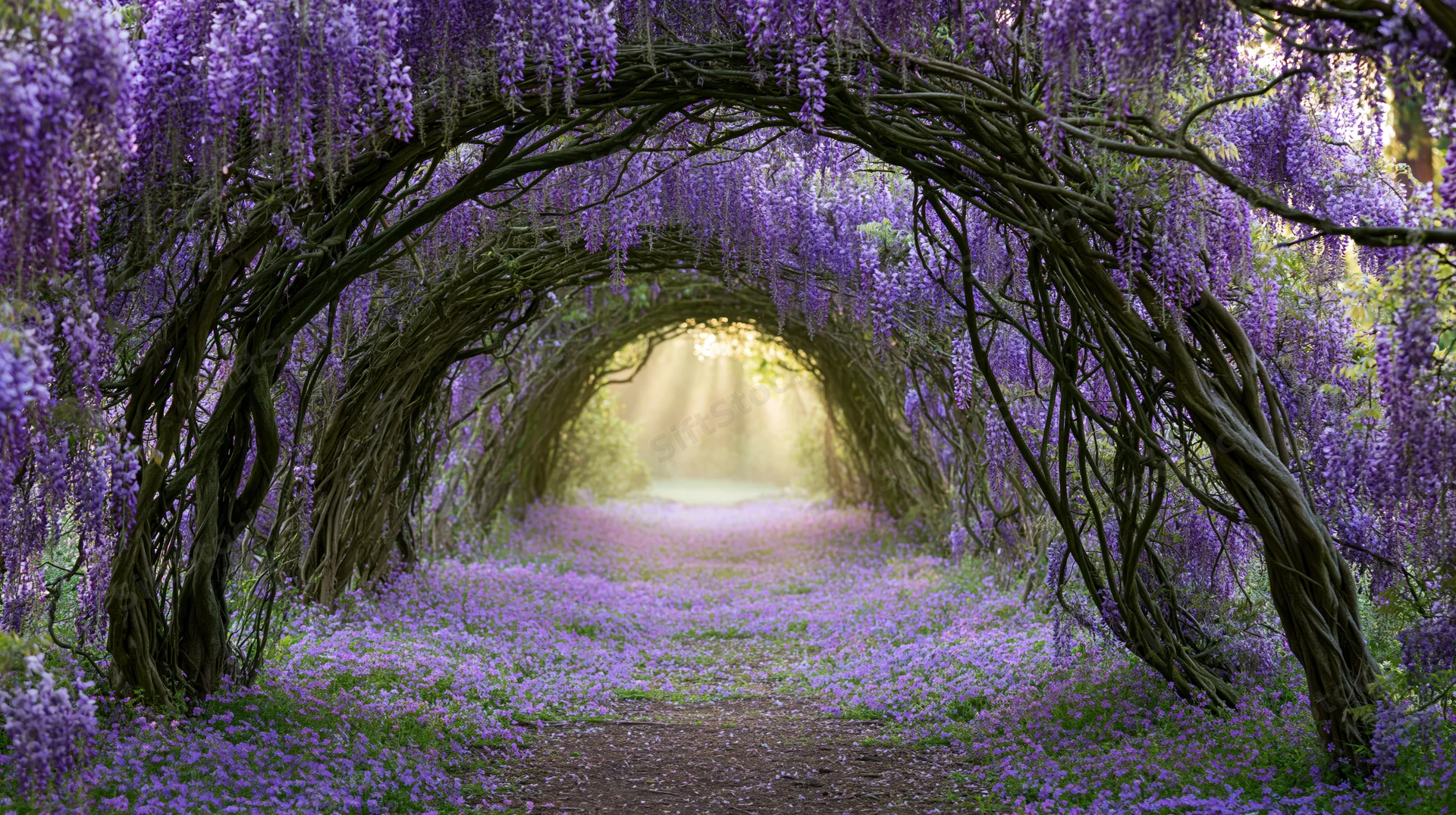 Wisteria arch forming a floral tunnel over a path covered in purple blossoms in a garden