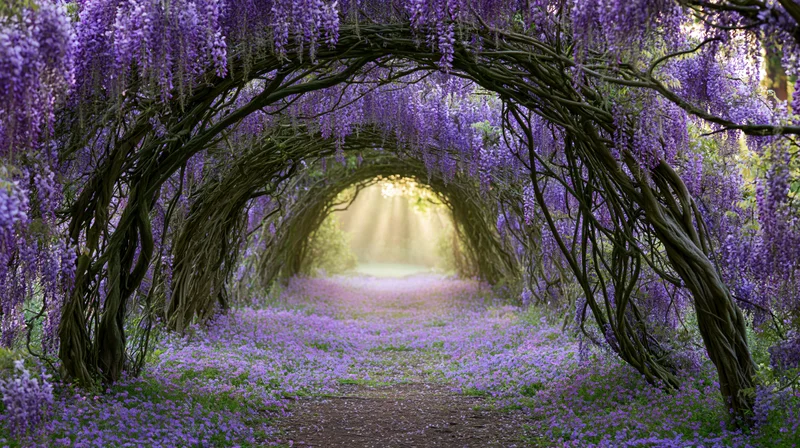 Wisteria arch forming a floral tunnel over a path covered in purple blossoms in a garden