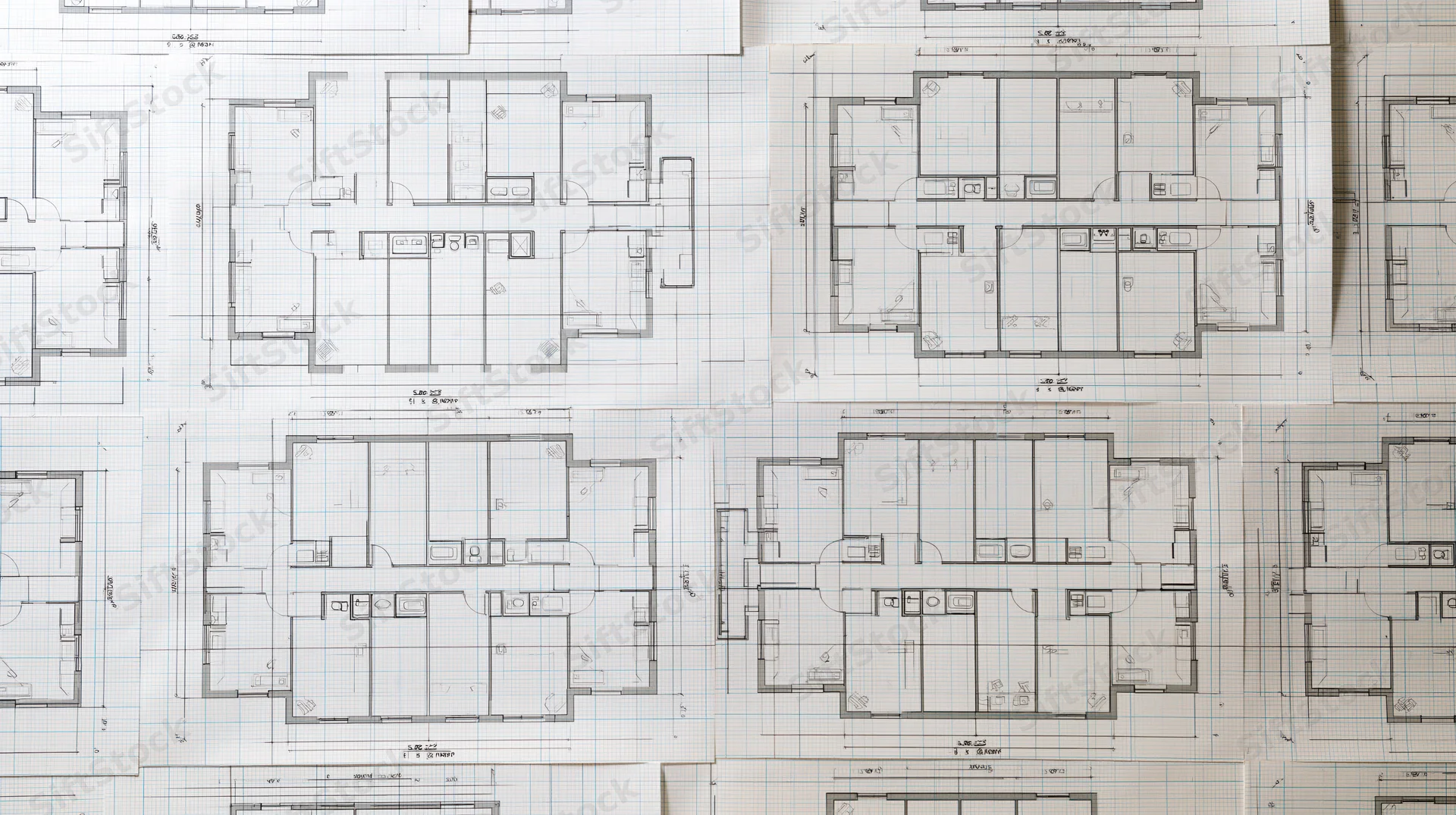 Architectural floor plans laid out on graph paper showing building layouts and room arrangements
