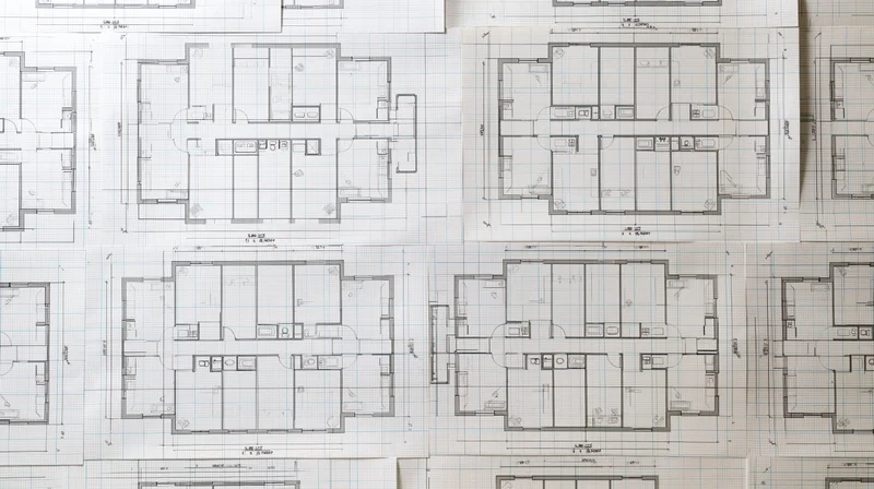 Architectural floor plans laid out on graph paper showing building layouts and room arrangements