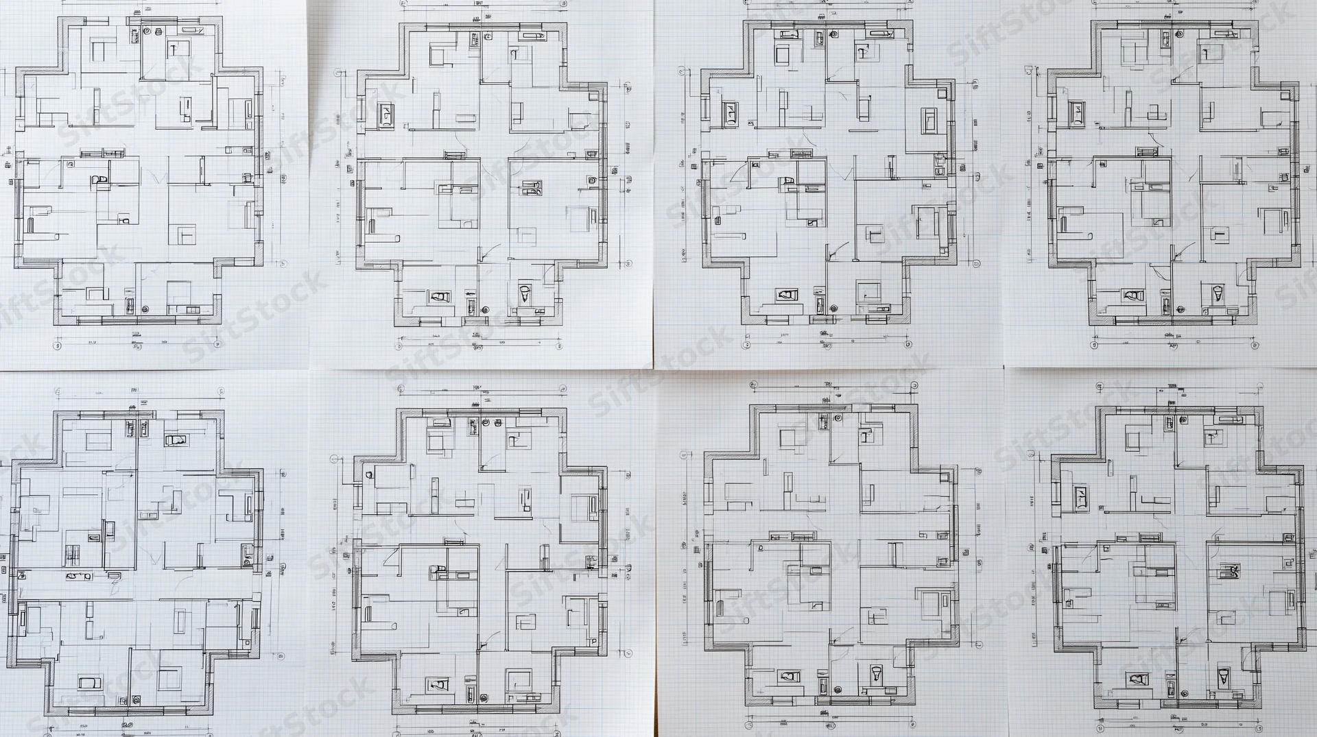 Architectural floor plans arranged in a grid on graph paper