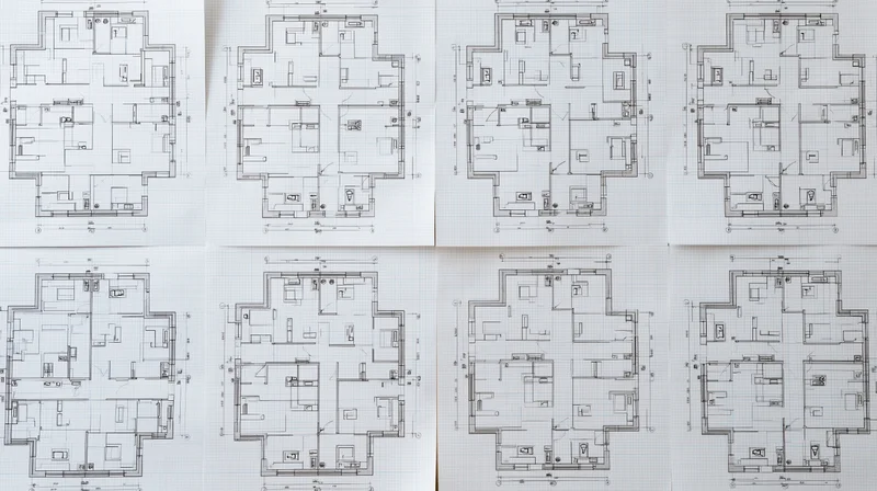 Architectural floor plans arranged in a grid on graph paper