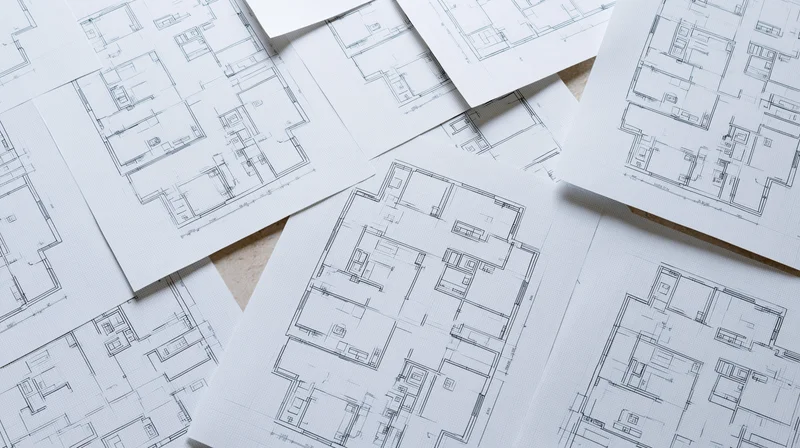 Architectural floor plans printed on white graph paper scattered on a surface