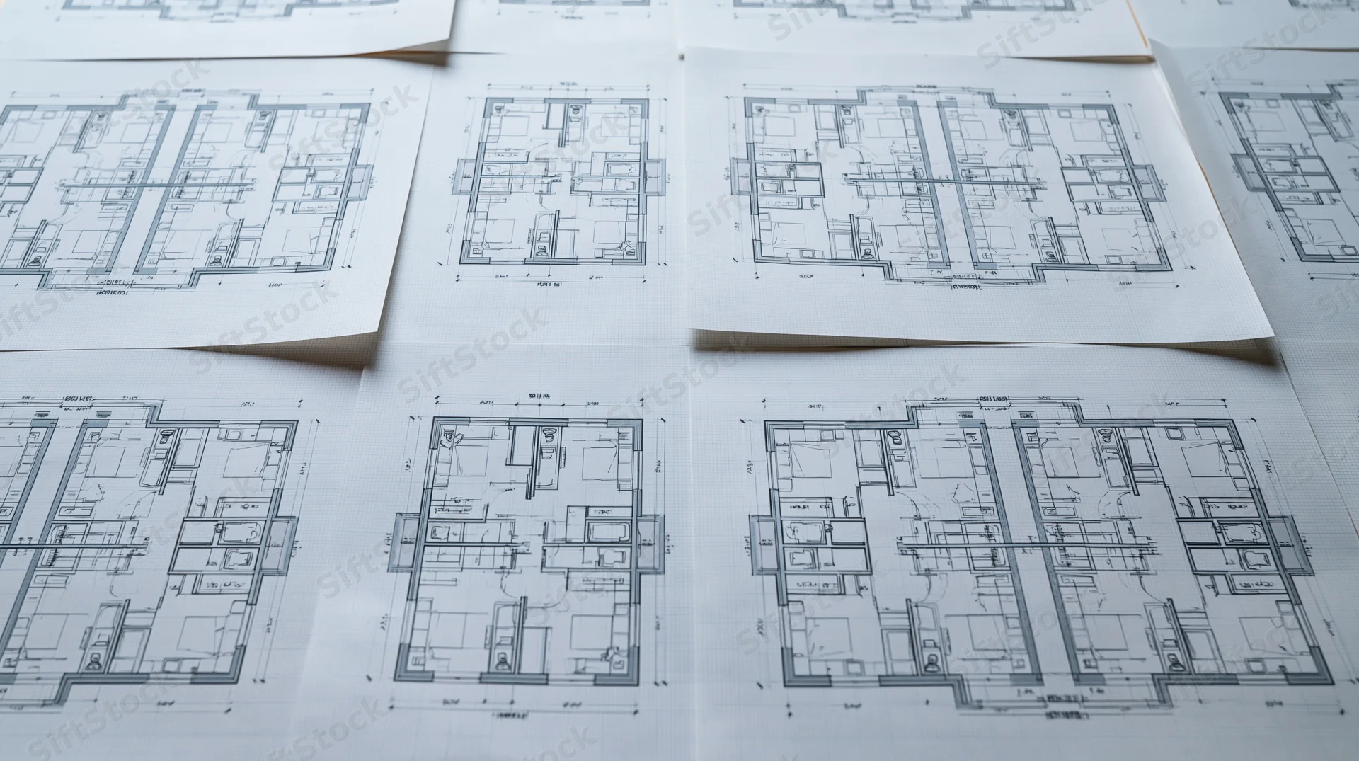 Architectural floor plans printed on white graph paper spread across a workspace