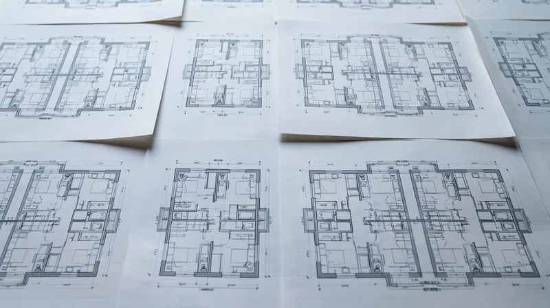 Architectural floor plans printed on white graph paper spread across a workspace