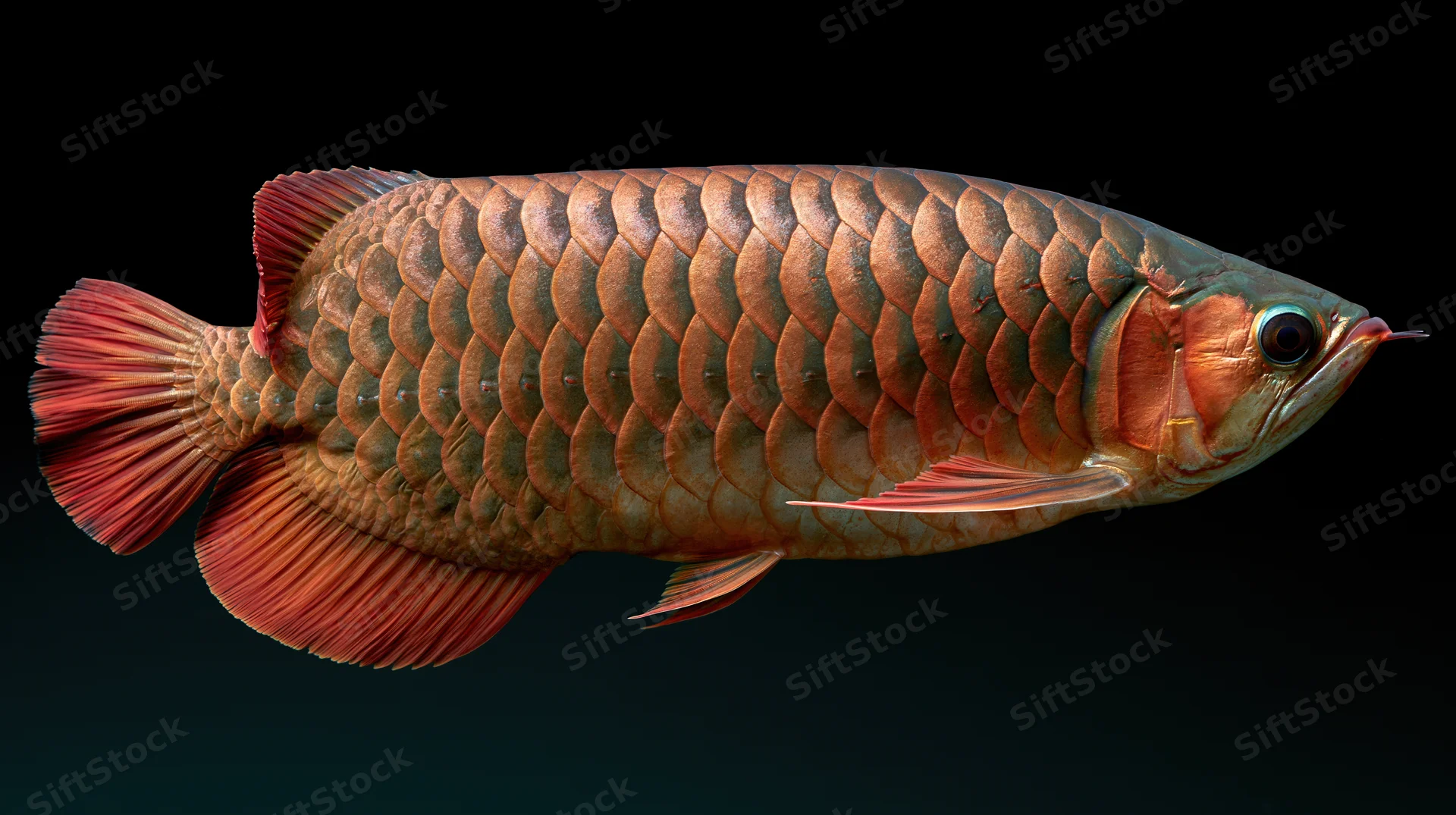 Asian arowana fish in lateral profile suspended in still water against black background
