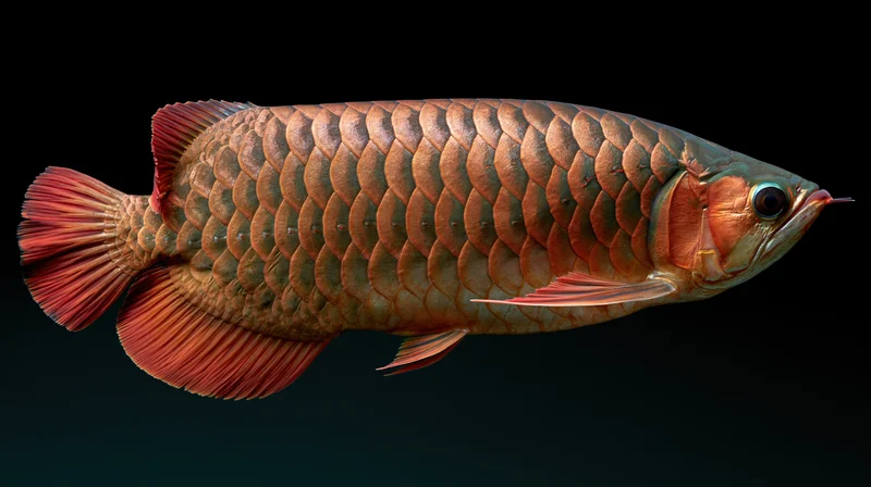 Asian arowana fish in lateral profile suspended in still water against black background