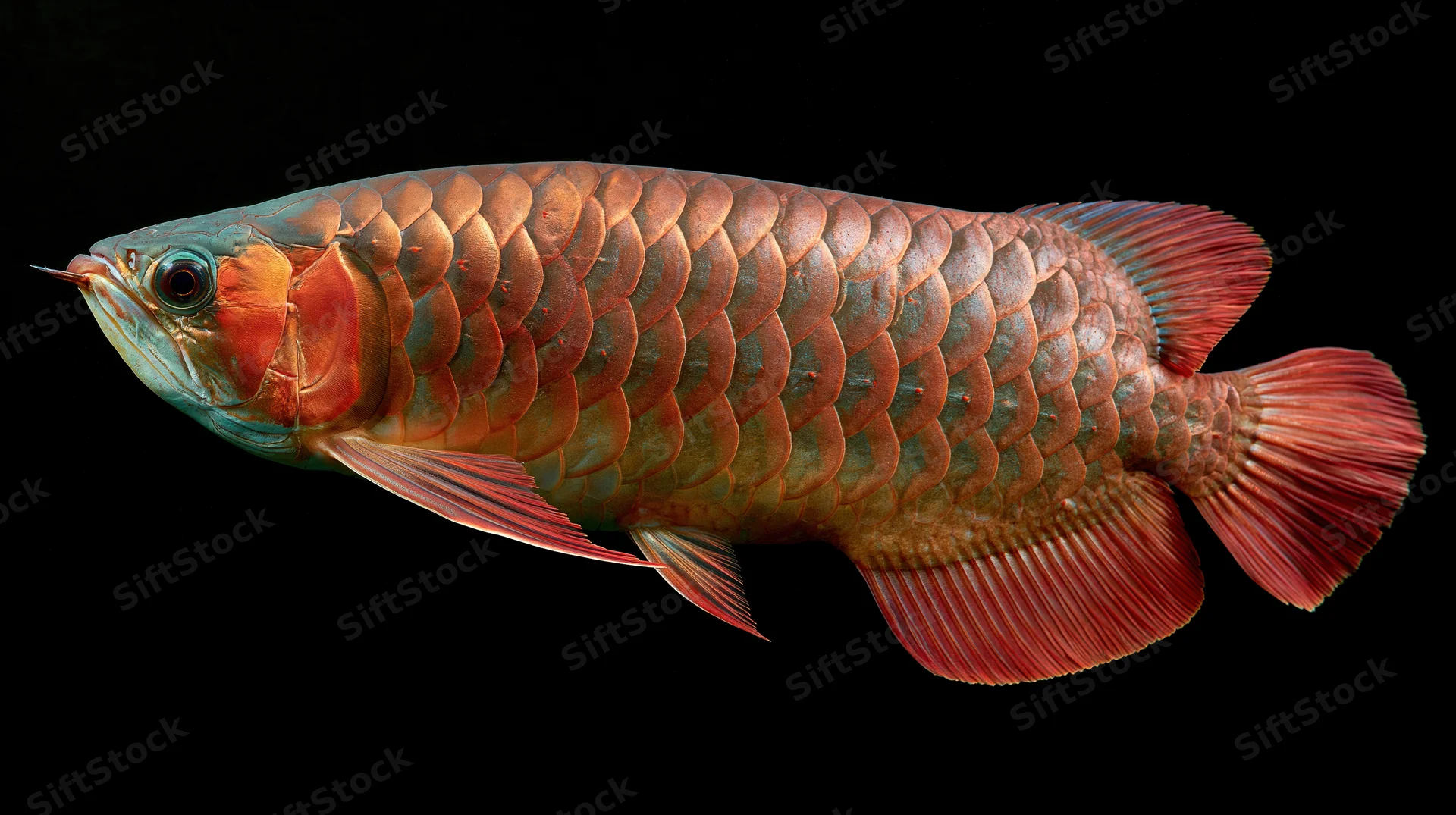 Asian arowana fish in full lateral profile against black background