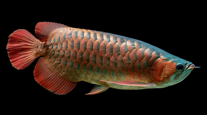 Asian arowana fish in lateral profile suspended in still water against black background