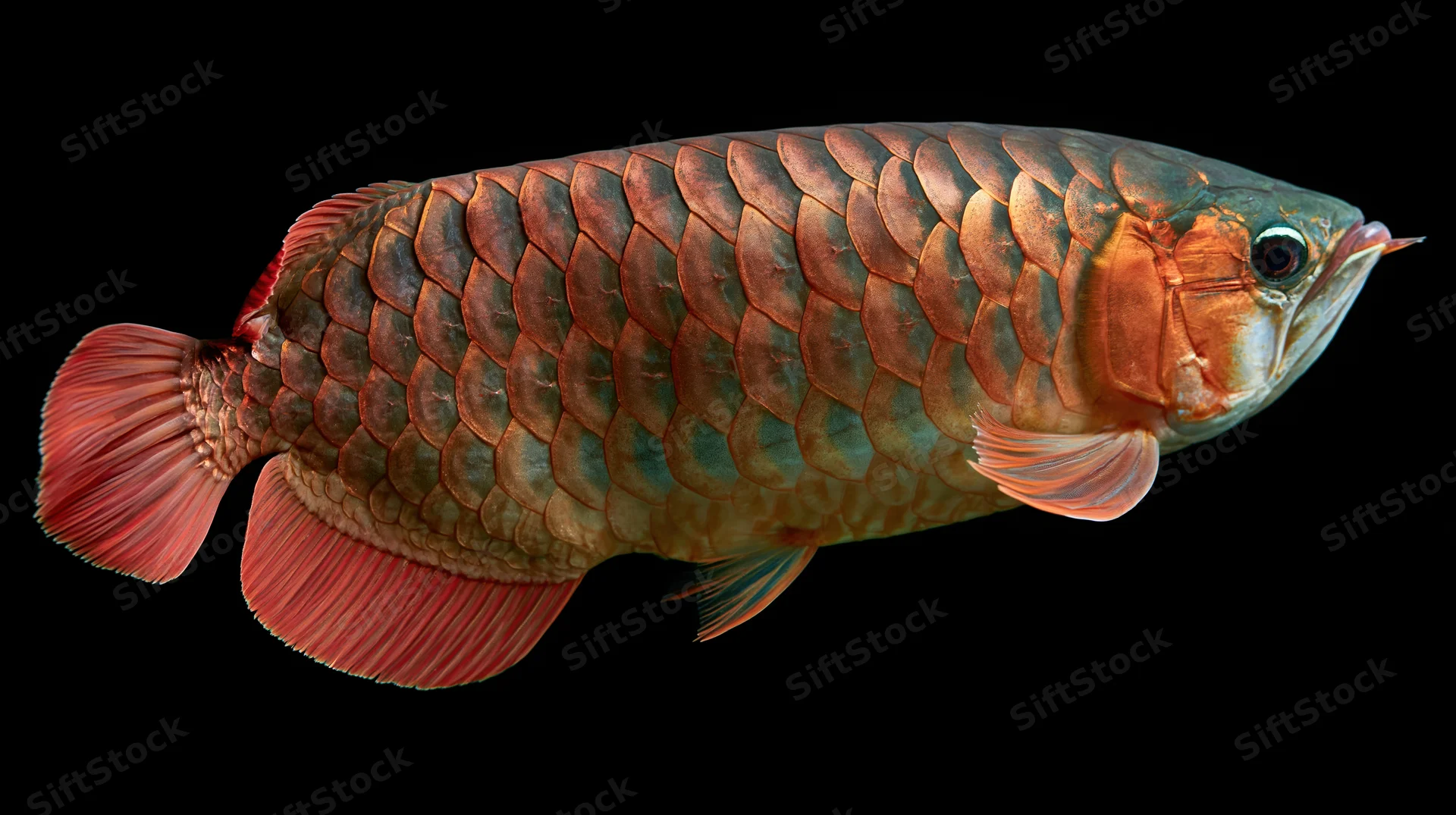 Asian arowana fish in full lateral profile against black background