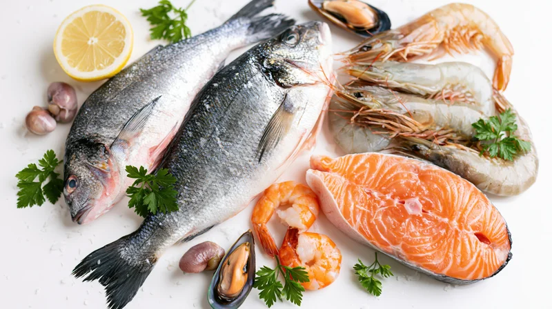 Assorted fresh raw seafood arranged on white surface with herbs and citrus