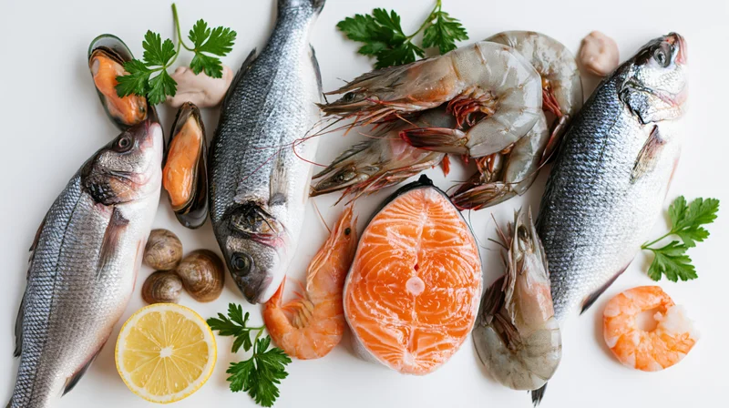 Assorted fresh raw seafood arranged on white surface with lemon and parsley