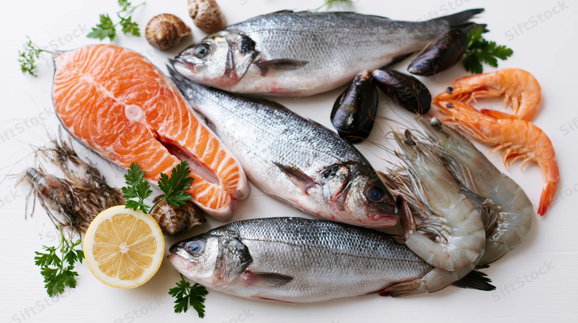Assorted fresh raw seafood arranged on white surface with lemon and parsley