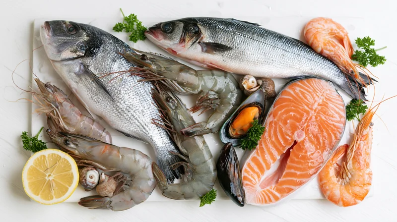 Assorted fresh raw seafood including fish, shrimp, mussels and lemon arranged on white surface in flat lay view