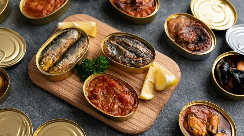 Assorted open canned seafood arranged on a wooden board with lemon and parsley on a dark countertop