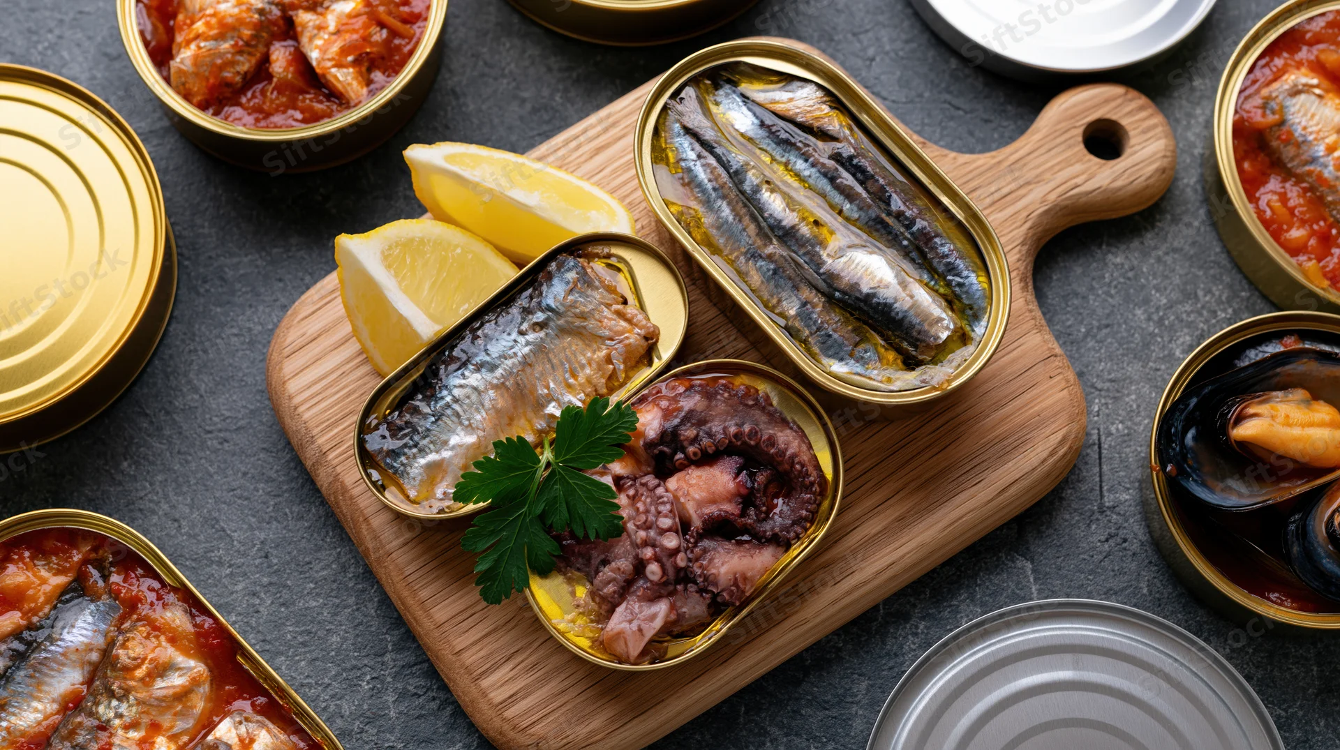 Assorted canned seafood including sardines anchovies octopus and mussels arranged on a wooden cutting board with lemon and parsley