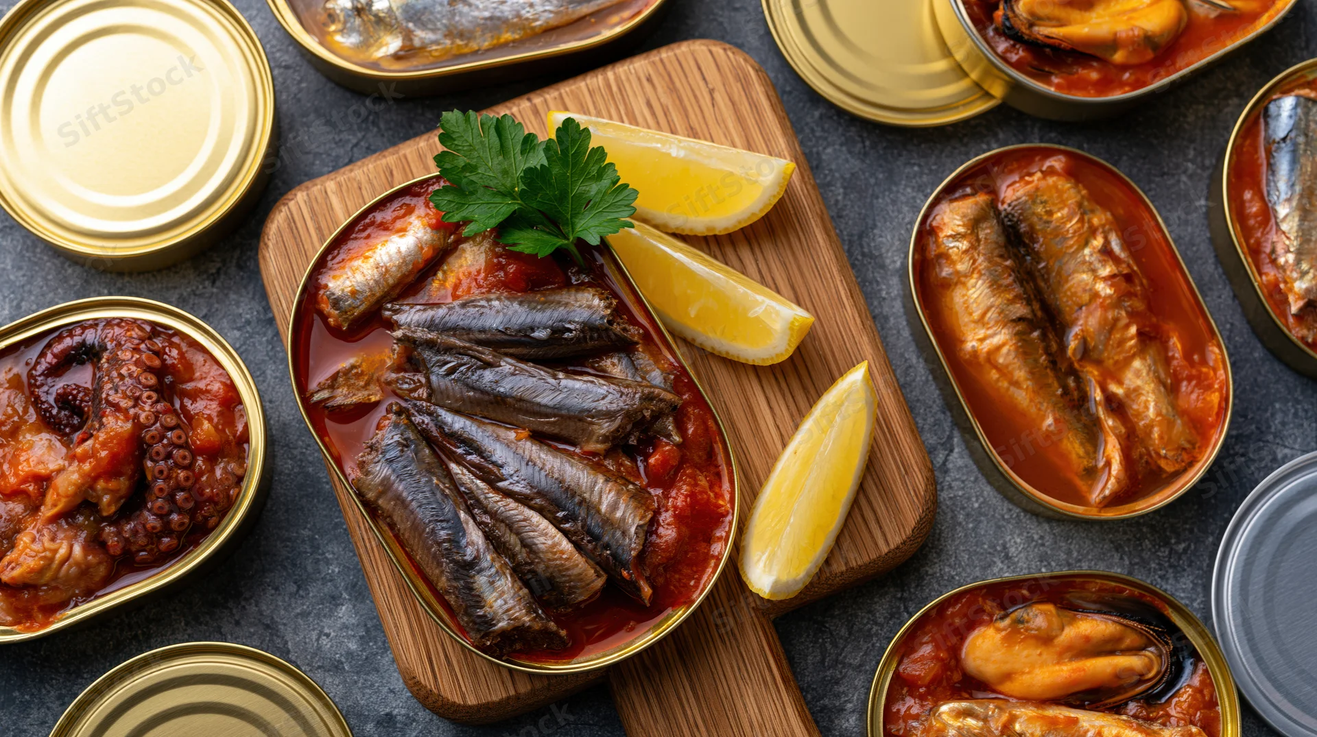 Open canned seafood including sardines anchovies octopus and mussels arranged on a wooden cutting board with lemon and parsley on a dark surface