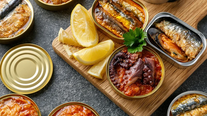 Open canned seafood including sardines anchovies octopus and mussels arranged on a wooden cutting board with lemon wedges and parsley garnish