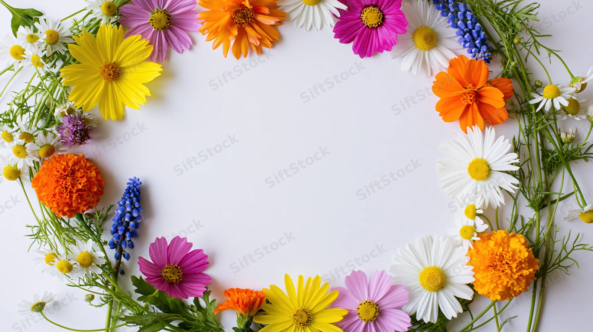 Colorful wildflowers and garden blooms arranged in a loose circular frame on white background with copyspace