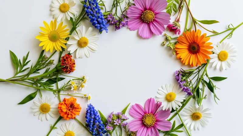 Assorted wildflowers and garden blooms arranged in a loose circular frame on white background with copyspace