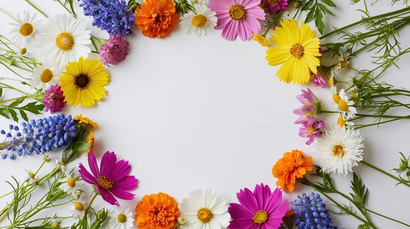 Colorful wildflowers and garden blooms arranged in a loose circular frame on white background with copyspace