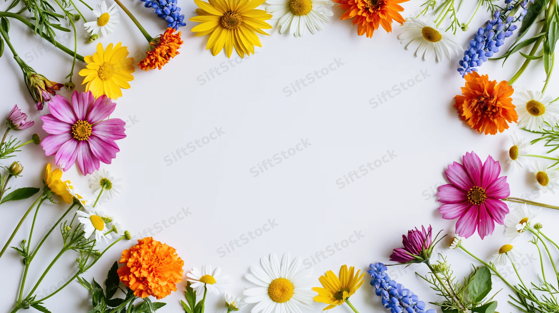 Assorted wildflowers and garden blooms arranged in a loose circular frame on white background with central copyspace