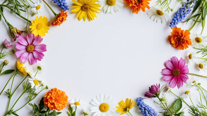 Assorted wildflowers and garden blooms arranged in a loose circular frame on white background with central copyspace