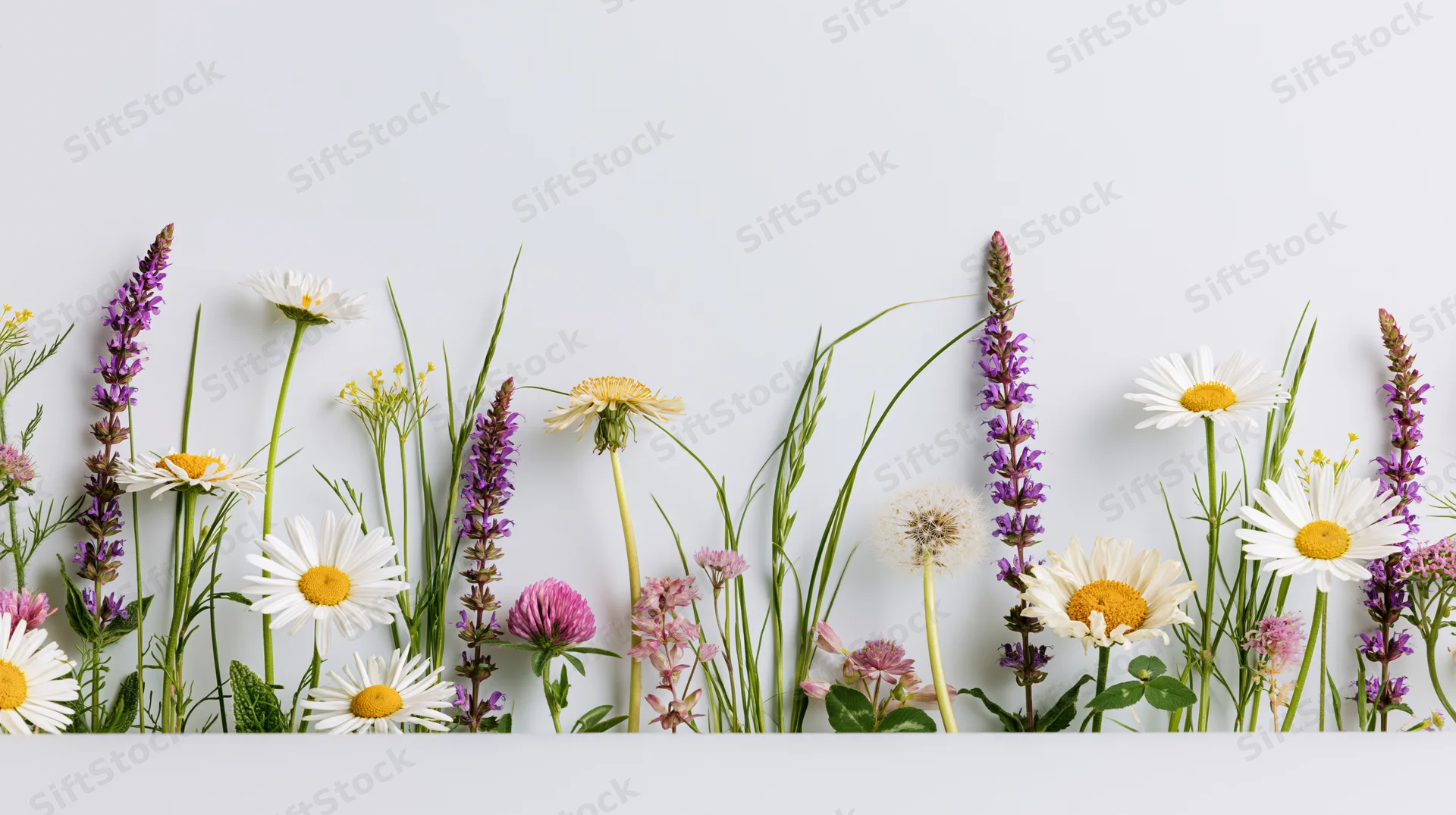 Assorted wildflowers and meadow grasses arranged in a row against a white background